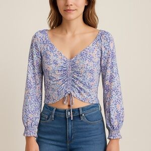 Floral Ruched V-Neck Top - Purple and Pink